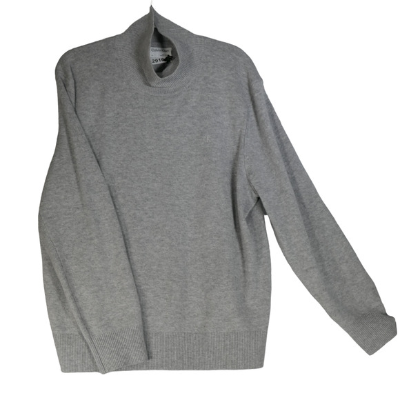 Calvin Klein Wool Cashmere Gray Sweater Men Large Long Sleeve Mock Neck Logo - Picture 1 of 9
